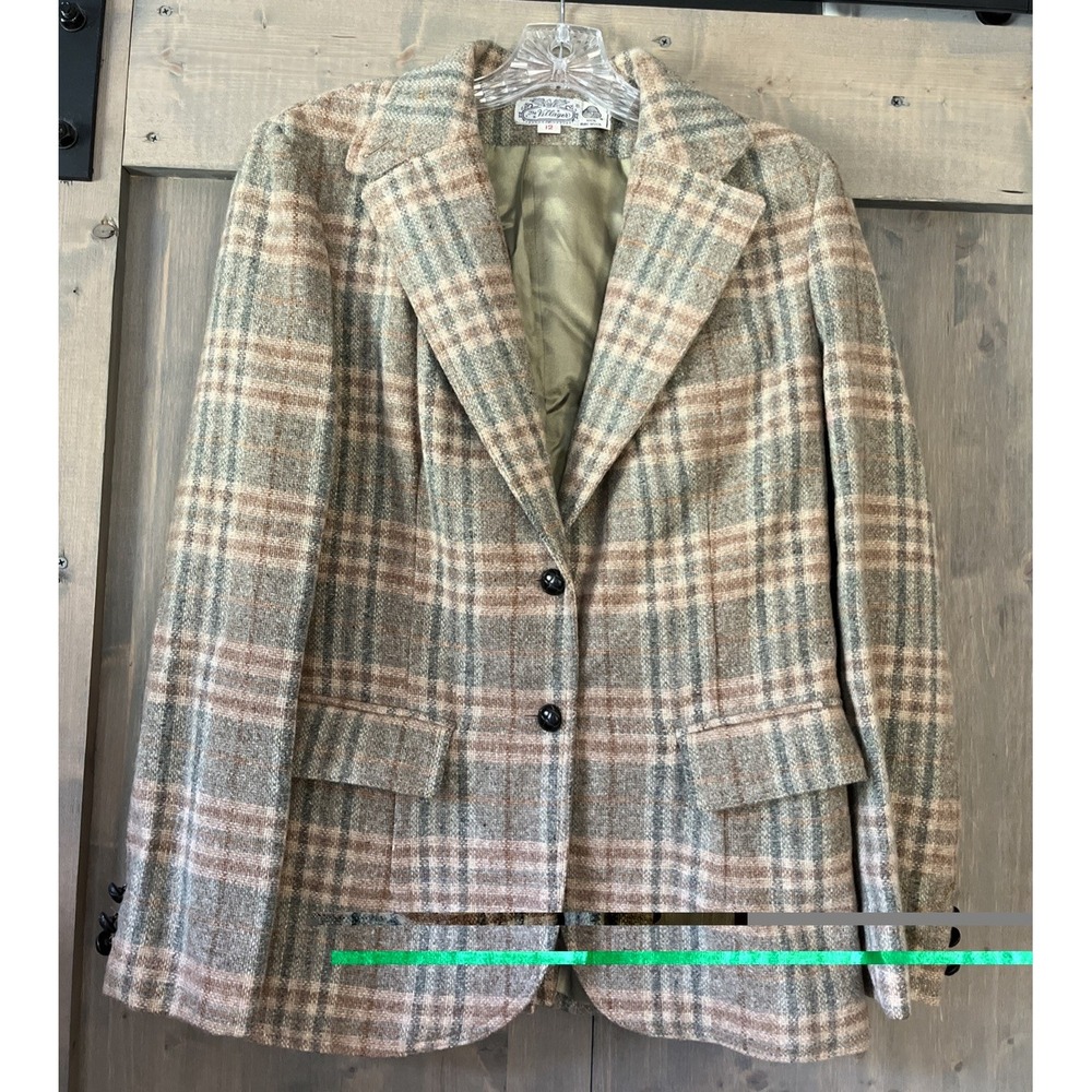 Vintage 100% Wool Blazer Womens 12 Tan Green Plaid The Villager USA